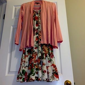 Pink cardigan and silk floral sleeveless dress